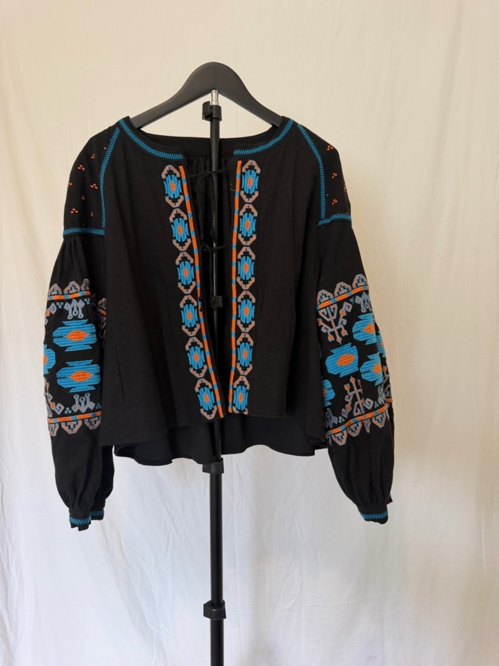Free People Embroidered Tie-Front Boho Jacket Southwestern Puff Sleeve Black - Picture 7 of 12